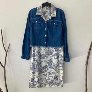 Vintage Robbie Bee 2 Piece Denim Jacket and Dress Set Toile de Jouy Blue White